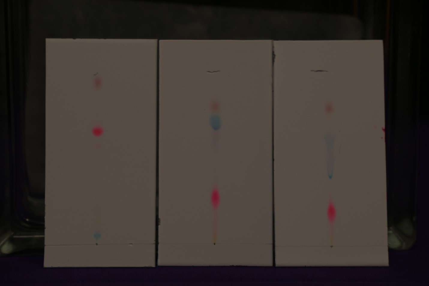 Image Dye mixture run with various solvents on thin layer